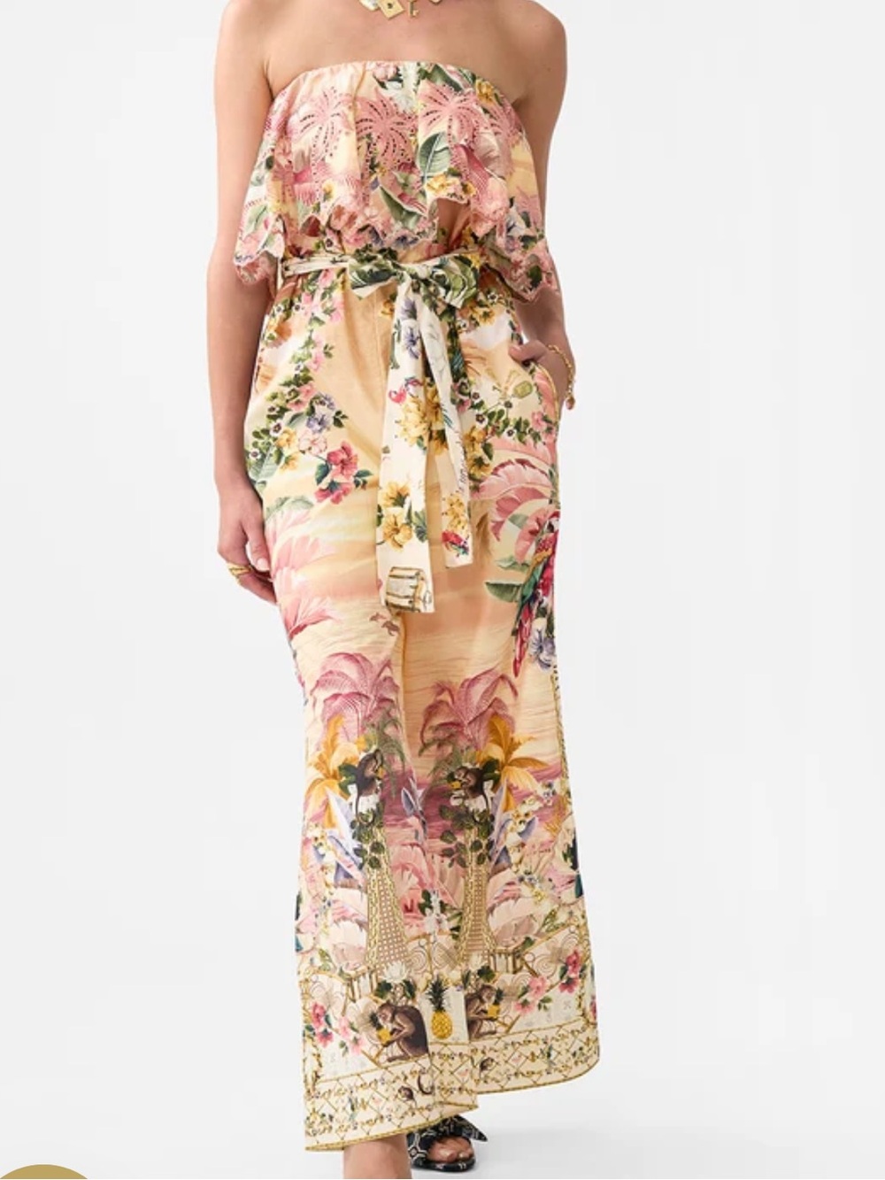 Strapless Floral Print Wide-Leg Jumpsuit in Peach White Lotus Collection Camilla